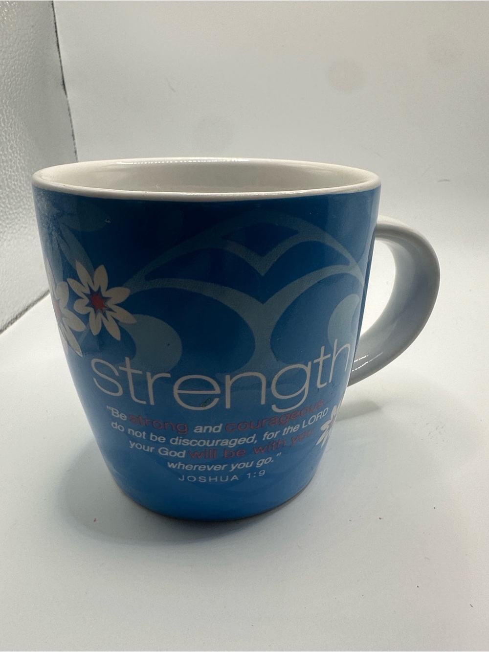 Strength Inspirational Blue Ceramic Mug with Floral Accent